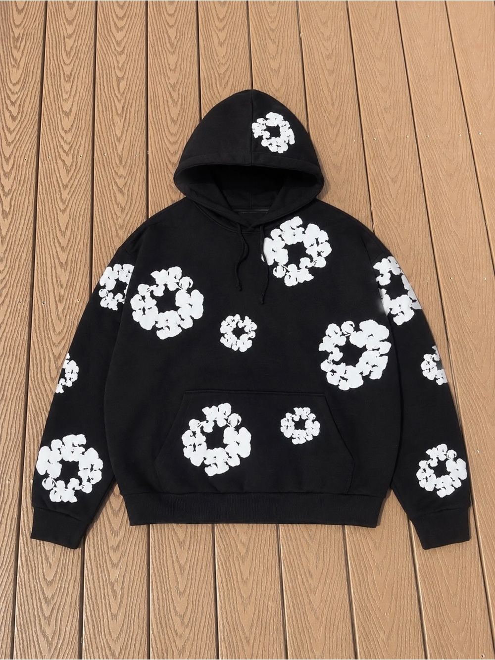 Black Crewneck Hoodie with White Floral Ring Prints